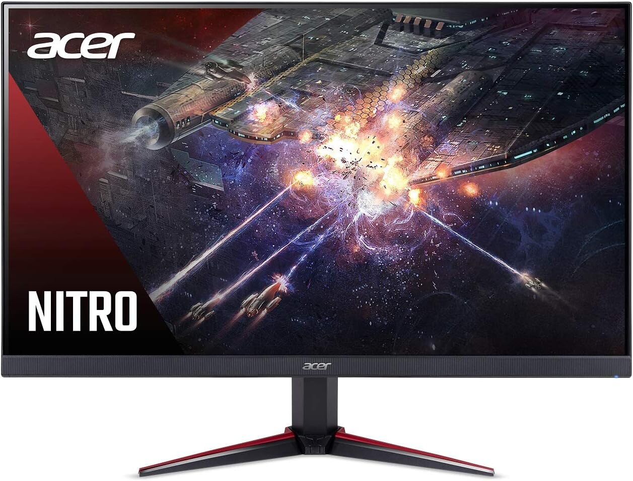Acer Nitro VG270 S, écran gamer 27 pouces Full HD IPS 165 Hz vu de face avec son pied en V rouge et noir