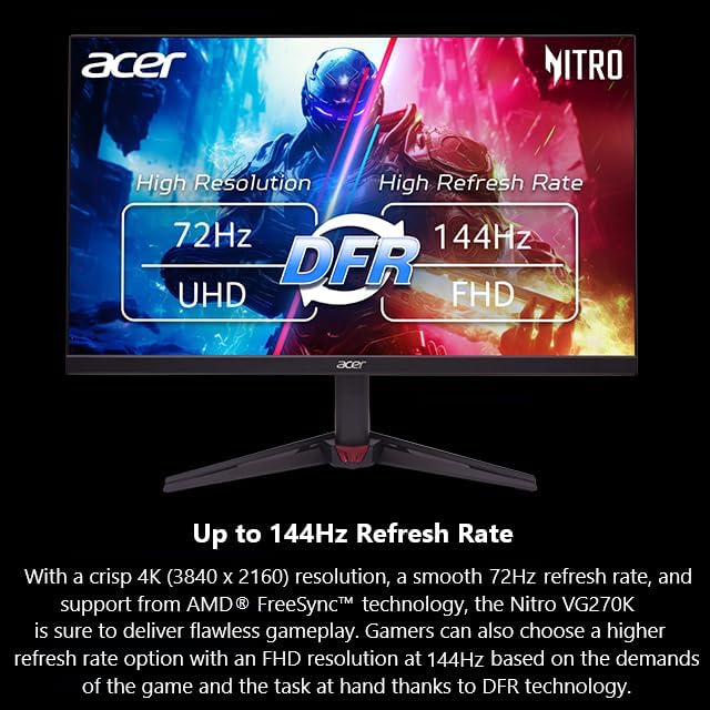 Acer Nitro VG270K écran gamer 27 pouces 4K IPS : mode DFR 72 Hz UHD et 144 Hz Full HD, AMD FreeSync