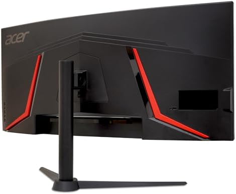 Dos de l'écran gamer Acer Nitro XZ342CU V3 : pied réglable en hauteur, inserts rouges, fixation VESA 100