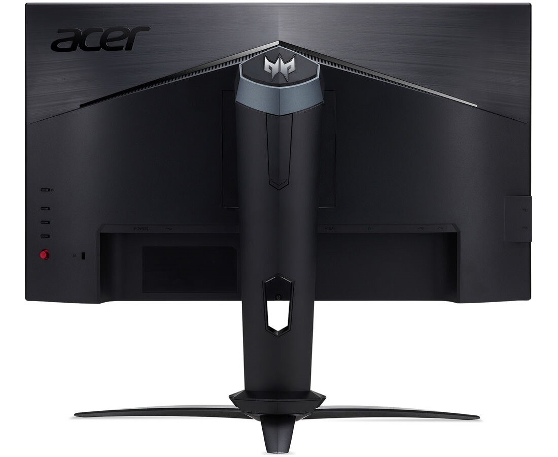 Dos de l'écran gamer Acer Predator XB253Q GP : DisplayPort, deux HDMI 2.0, hub USB 3.0 et crochet à casque