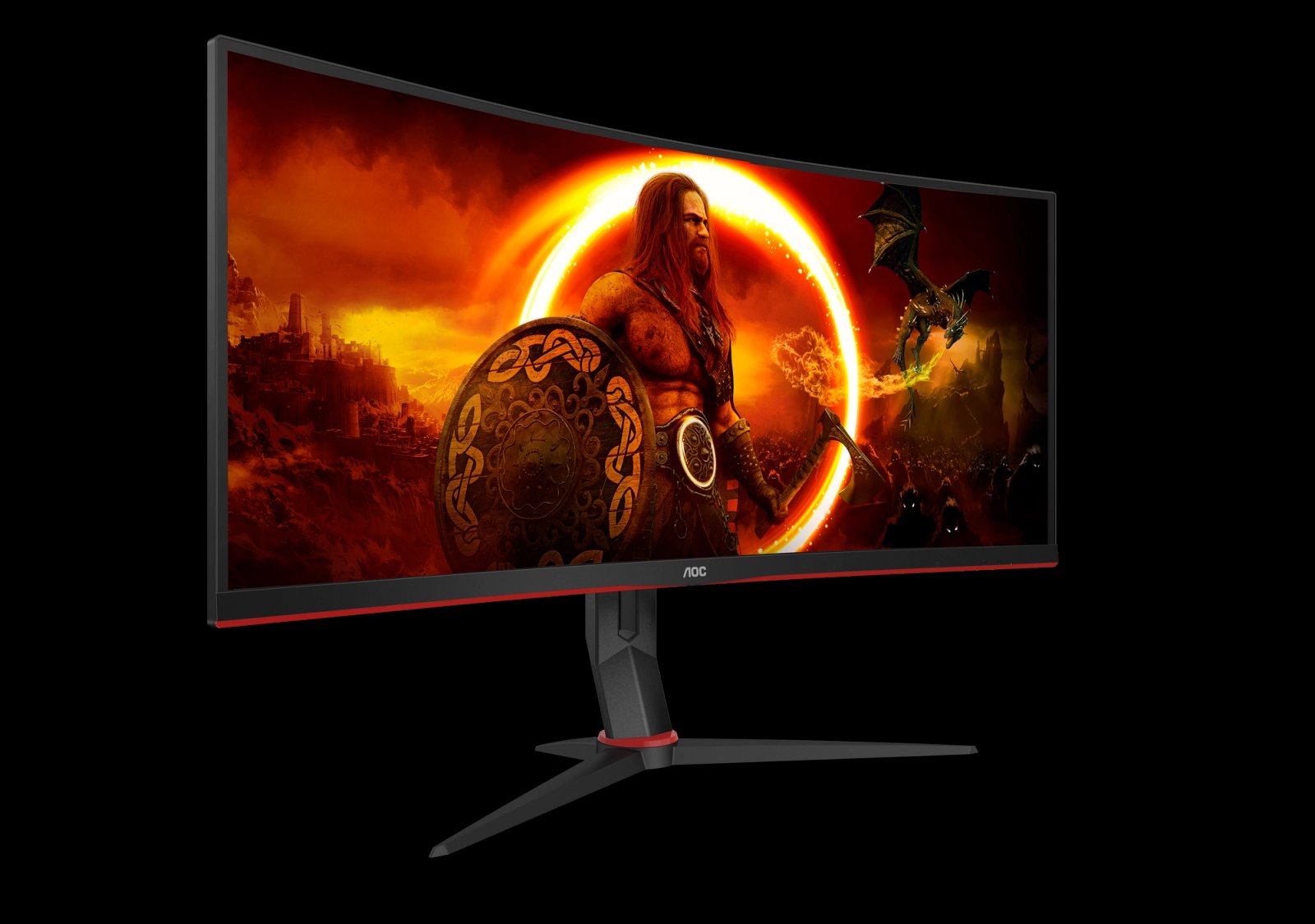 AOC Gaming CU34G2XP, écran gamer 34 pouces UWQHD VA incurvé 1500R 180 Hz, vu de trois quarts sur son pied réglable en hauteur