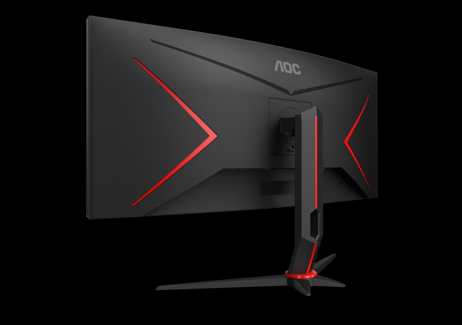 Vue arrière de l'écran gamer AOC Gaming CU34G2XP avec ses accents rouges, son pied réglable en hauteur et rotation