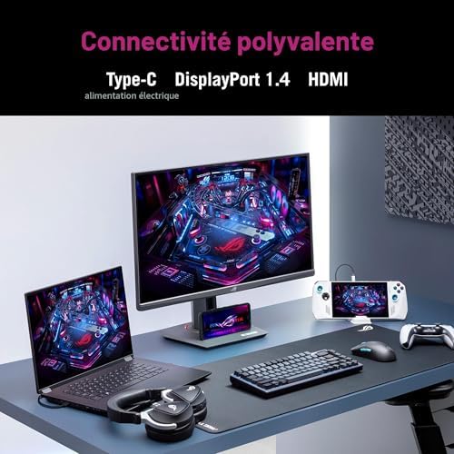 Connectique de l'écran gamer ASUS ROG Strix XG27UCS : USB-C, DisplayPort 1.4 et HDMI 2.1 pour PC portable, PC fixe et console