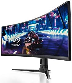 ASUS ROG Strix XG49VQ, écran gamer 49 pouces 32:9 DFHD VA incurvé 1800R 144 Hz, vu de trois quarts sur son pied trépied