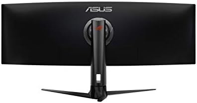 Dos de l'écran gamer ASUS ROG Strix XG49VQ avec son pied métallique, le logo Aura Sync et la connectique DisplayPort 1.2, 2 HDMI 2.0 et hub USB 3.2