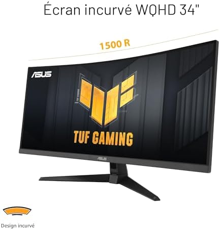 ASUS TUF Gaming VG34VQ3B, écran gamer 34 pouces UWQHD VA incurvé 1500R 180 Hz, vue de trois quarts
