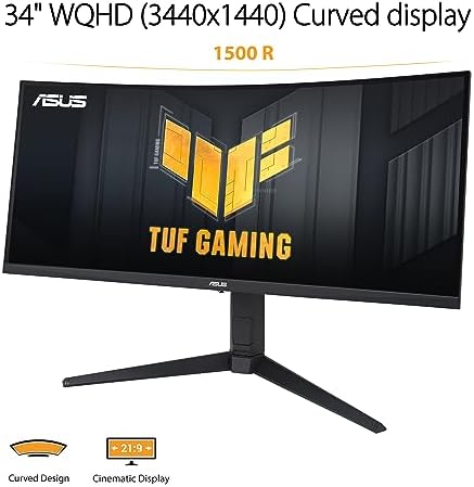 ASUS TUF Gaming VG34VQL3A, écran gamer 34 pouces UWQHD VA incurvé 1500R 180 Hz, vue de trois quarts