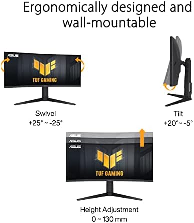 Réglages du pied de l'écran gamer ASUS TUF Gaming VG34VQL3A : rotation, inclinaison +20° à -5°, hauteur 0 à 130 mm