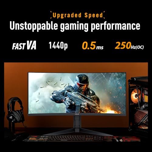 ASUS TUF Gaming VG34WQML5A sur un bureau gaming, écran gamer ultrawide Fast VA 1440p 250 Hz