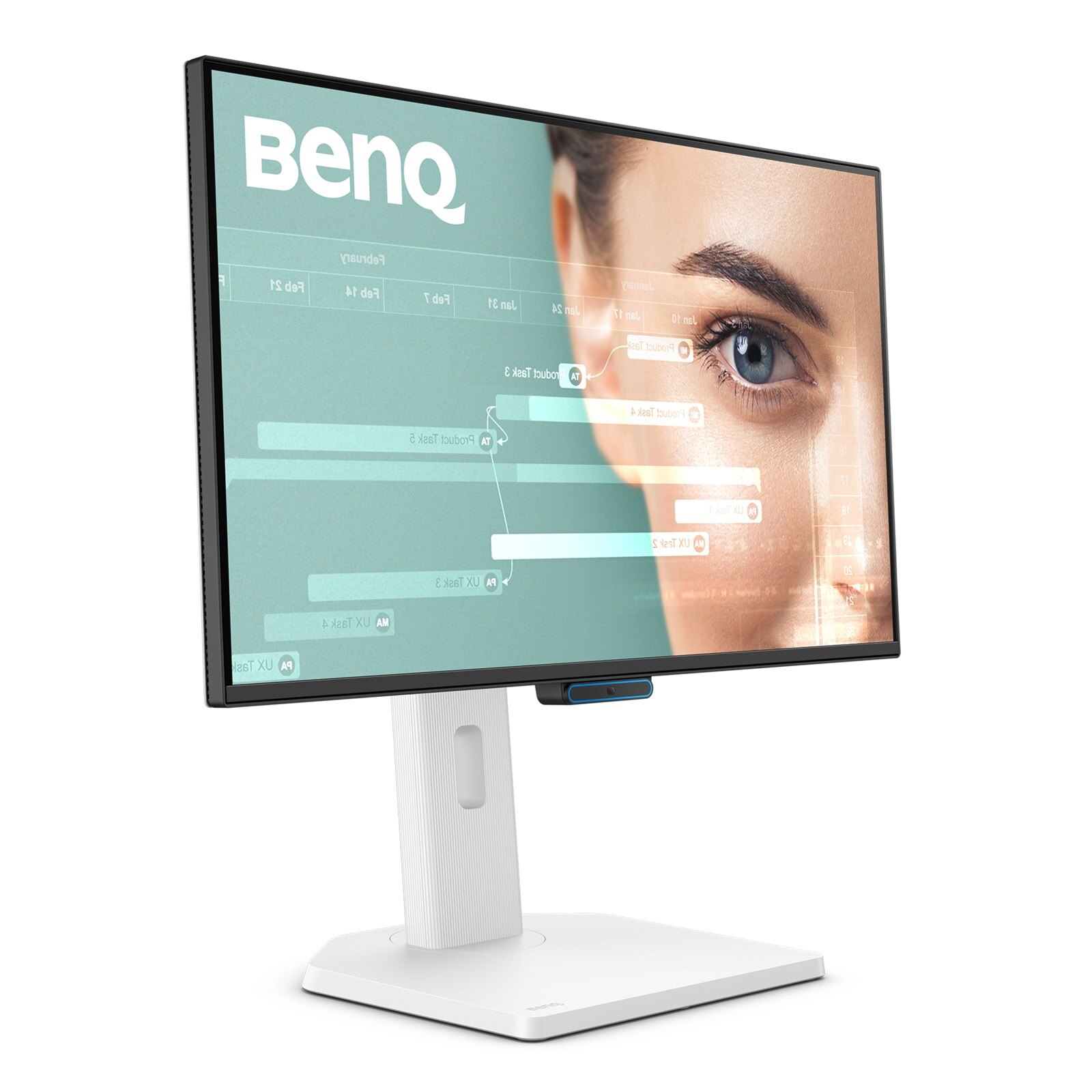 BenQ GW2490TE, écran gamer 24 pouces Full HD IPS 144 Hz blanc vu de trois quarts sur son pied ErgoStand
