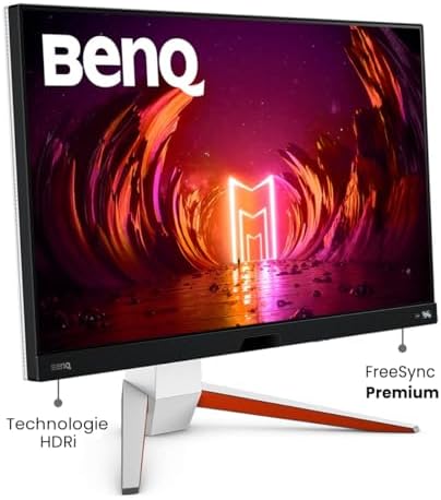 Écran gamer BenQ MOBIUZ EX2710U vu de trois quarts avec son pied blanc et orange réglable en hauteur