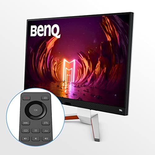 Écran gamer BenQ MOBIUZ EX3210U avec sa télécommande fournie, pied blanc et rouge réglable en hauteur