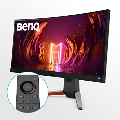 BenQ MOBIUZ EX3415R, écran gamer 34 pouces UWQHD IPS incurvé 1900R 144 Hz, vu de trois quarts avec sa télécommande