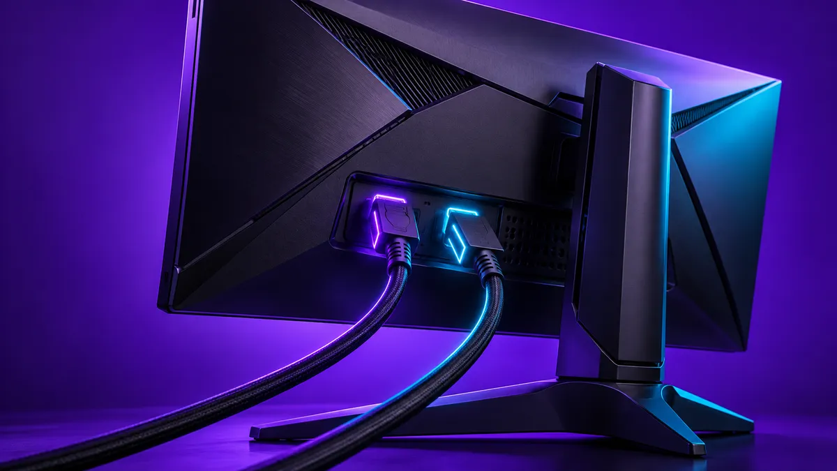Écran gaming vu de dos sur fond violet, avec un câble DisplayPort et un câble HDMI branchés côte à côte, connecteurs lumineux