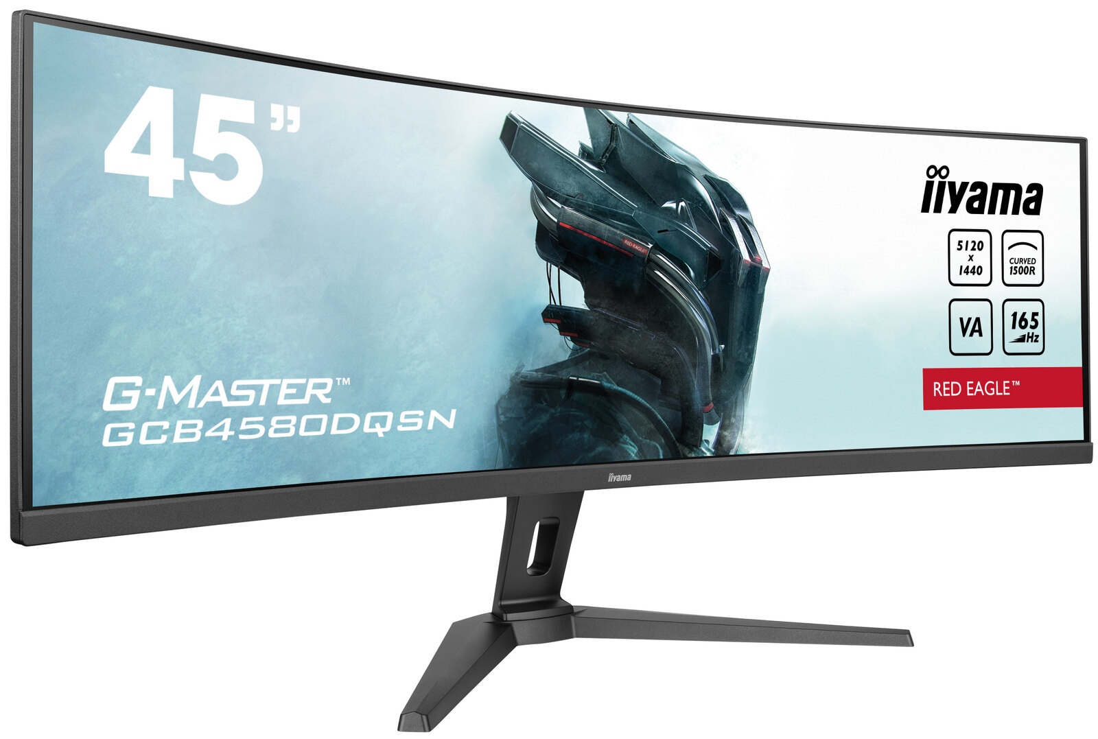 iiyama G-Master GCB4580DQSN-B1 Red Eagle, écran gamer 45 pouces DQHD VA incurvé 1500R vu de trois quarts