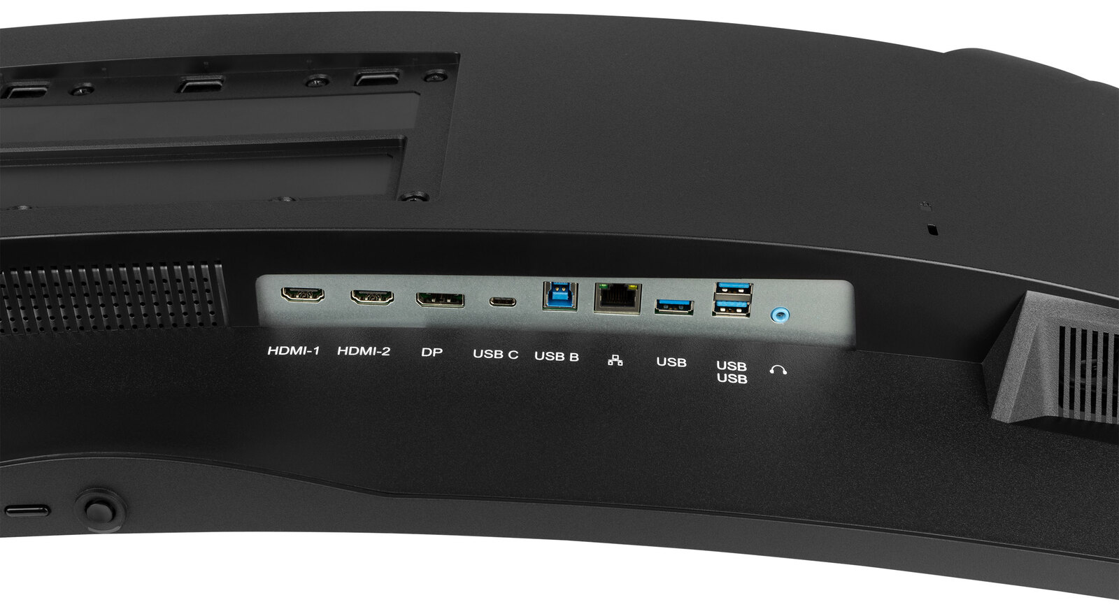 Connectique de l'écran gamer iiyama G-Master GCB4580DQSN-B1 : 2x HDMI 2.1, DisplayPort 1.4, USB-C 90 W, USB-B, RJ45, USB-A et sortie casque