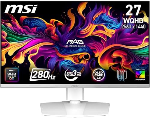 MSI MAG 272QPW, écran gamer 27 pouces QHD QD-OLED 280 Hz blanc affichant des couleurs éclatantes