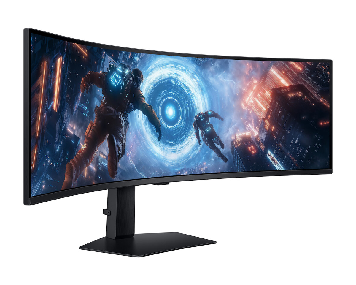 Samsung Odyssey G9 G91F, écran gamer 49 pouces DQHD VA incurvé 1000R 144 Hz, vue de trois quarts