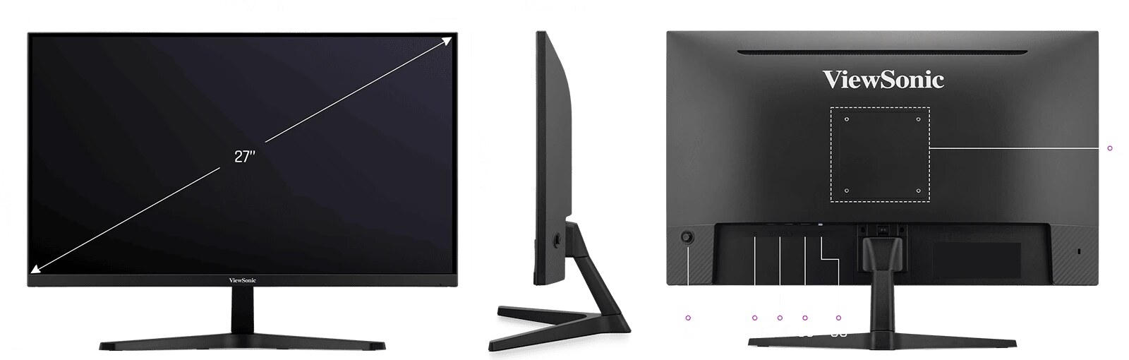 Connectique de l'écran gamer ViewSonic VX27G1-HD : deux HDMI 2.0, un DisplayPort 1.4 et une sortie casque